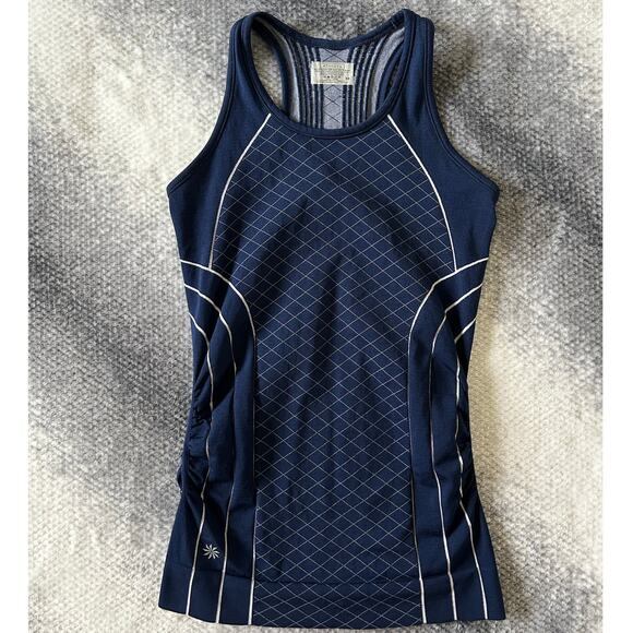 Athleta Finish Fast Line Ruched White Navy Tank Top Size XS Gym Yoga Workout - Picture 1 of 8